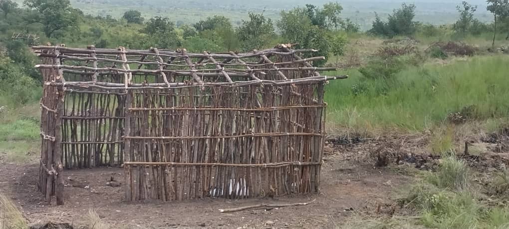 Timber-framed shelter structure in a rural landscape